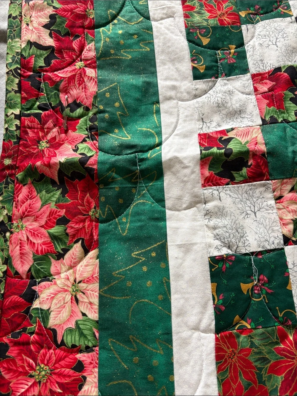 Handmade Holiday Patchwork Quilt - Red, Green, Cream